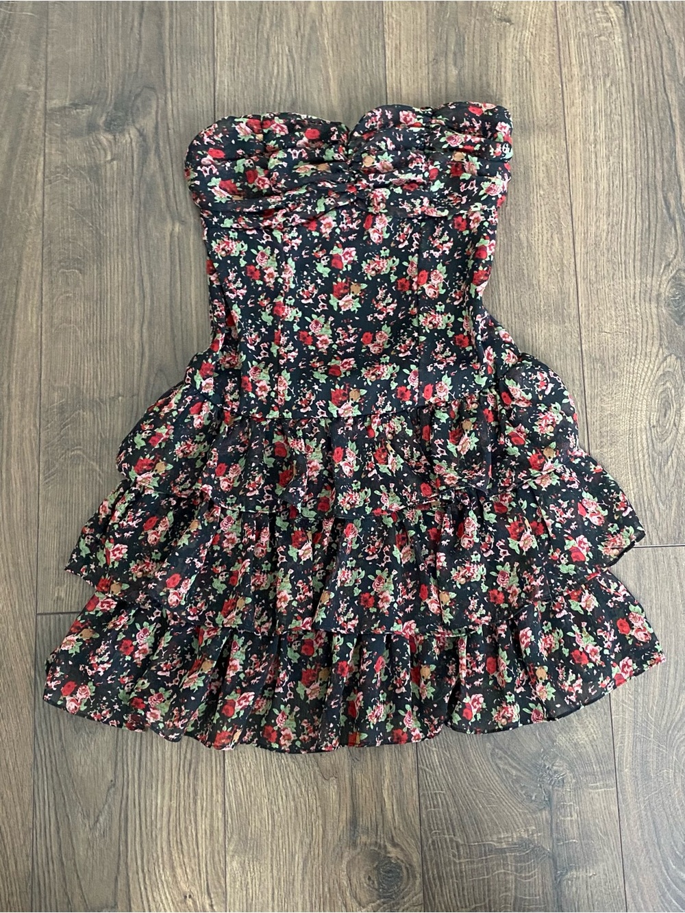 Express Strapless Tiered Black Mini Dress with Red & Pink Flowers